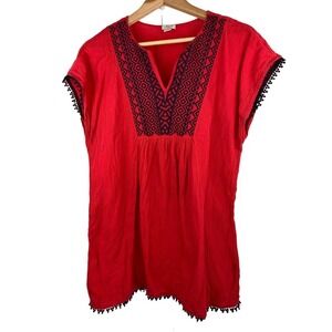 J. Crew Size XS Red Blue Embroidered Fringed Tunic Top